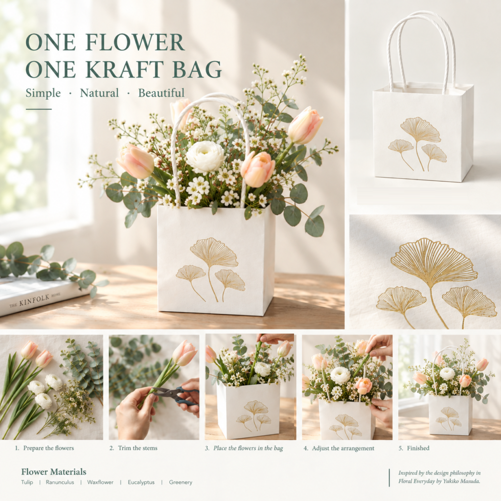 White floral paper bag with flowers and gold ginkgo leaf design